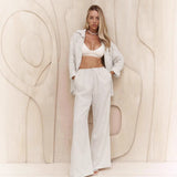 Cotton Long Sleeved Shirt Wide Leg Trousers Summer Solid Color Bootcut Pants Casual Two Piece Sets
