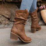 Boots Pleated One Foot Climbing Small High Heel Mid Top Western Denim Women Boots Medium Boots Women Boots