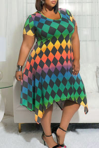 Plus Size Women Clothing Burst Short Sleeve round Neck Printed Fashionable Dress