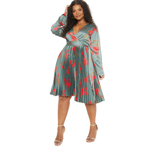 Plus Size Simple Floral Dress for Women Autumn Sexy Deep V Plunge neck Pleated Dress Women
