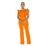Women Clothing Summer Ruffled round Neck Solid Color Jumpsuit