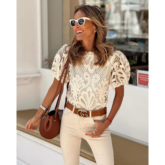 Spring Summer Short Sleeves Split Lace Collared Blouse Casual Loose Vacation Lace Shirt for Women