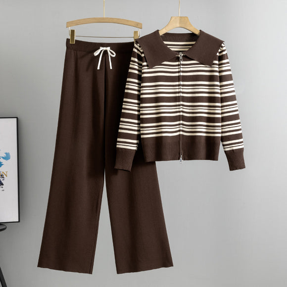 Spring Autumn Casual Wide Leg Pants Large Collared Striped Zipper Top Light Luxury High Grade Two Piece Set