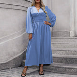 Plus Size Women Clothes Sexy V Neck Tight Waist Large Slit Hemline Long Sleeve Dress