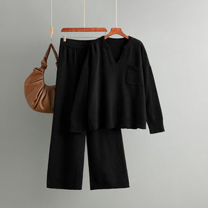 Women Autumn Winter V neck Loose Solid Color Split Pullover Knitting Two Piece Sweater