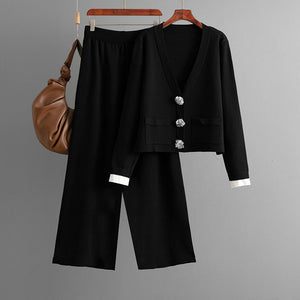 Fall Winter Women Classic Knitted Cardigan Top Casual Wide Leg Pants Two Piece Set