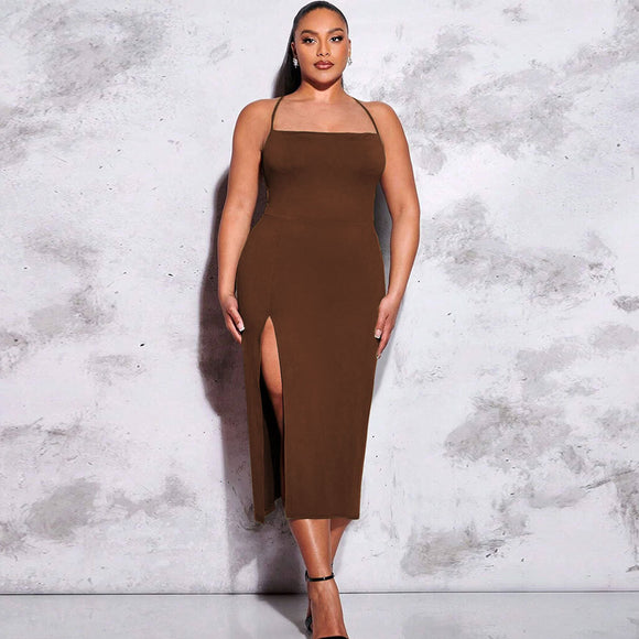 Plus Size Women Clothes Sexy Backless Slit Tight Waist Sheath Solid Color Cami Dress
