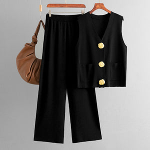 Women Summer Sleeveless Button Knitted Top Solid Color Casual Wide Leg Pants Two Piece Set