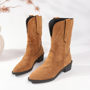 Western Cowboy Boot Embroidery Retro Knee High Boots Women Autumn Winter Thick Heel Mid Calf V Cut Knight Boots