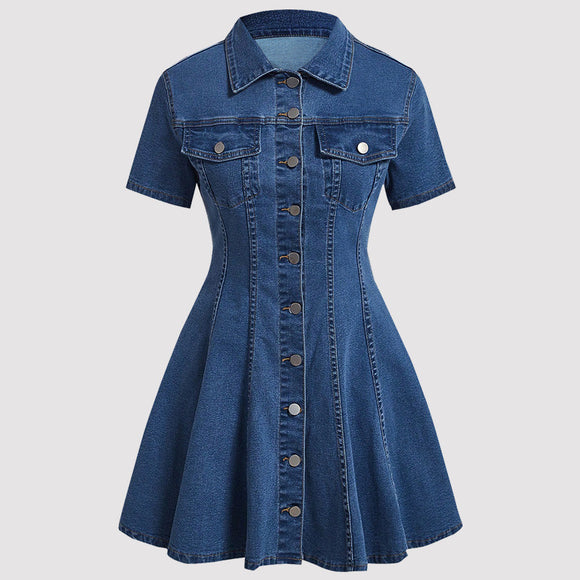 Women Clothing Denim Short Sleeved Cardigan Waist Tight Dress