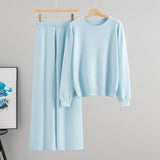Autumn Rhinestone round Neck Loose Knitted Sweater Casual Wide Leg Pants for Women