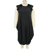 Plus Size Women Solid Color Double Pocket Loose Dress