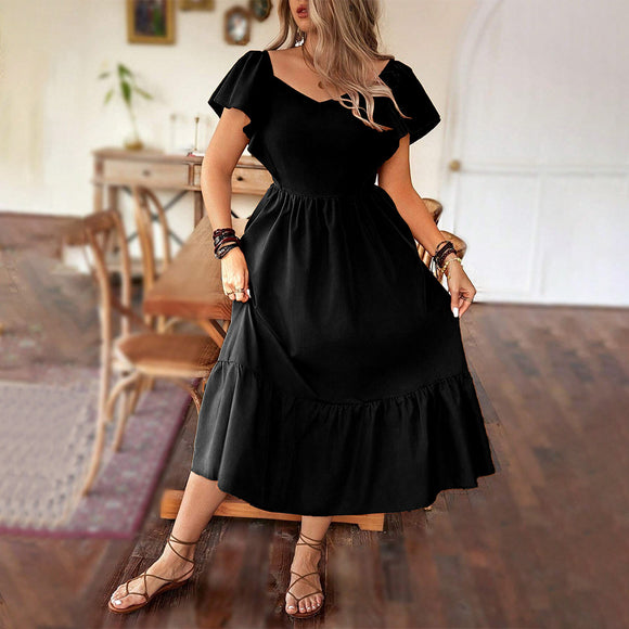 Spring Black Elegant French Overknee Ruffled Short Sleeves Square Collar Slimming Backless Dress