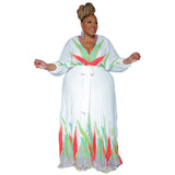 Plus Size Women Clothes Elegant Cinched Tie Slim Fit Printed Pleated Dress