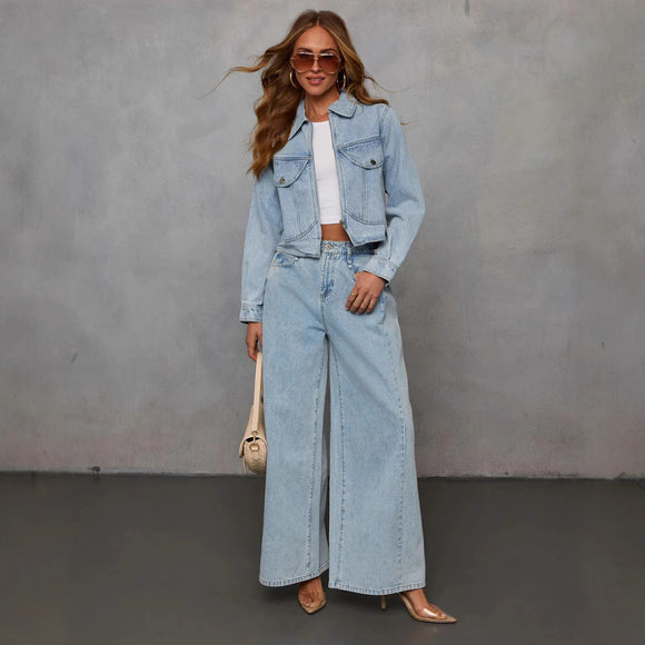 Spring Casual Loose Lady Denim Jacket Trousers Two Piece Sets