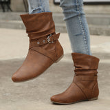 Round Toe Women Boots Flat Faux Leather Rivet Women Short Boots Belt Buckle Metal Brown Low Tube Women Boots