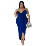 Plus Size Women Clothing Adjustable Shoulder Strap Sleeveless V Neck Stretch Dress