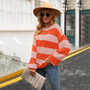 Autumn Pullover plus Size Patchwork Stripes round Neck Casual Knitted Loose Idle Bottoming Sweater