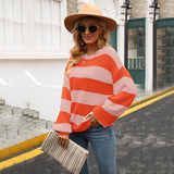 Autumn Pullover plus Size Patchwork Stripes round Neck Casual Knitted Loose Idle Bottoming Sweater