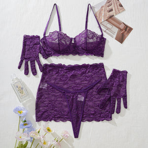 French Purple Lace Push up with Gloves Body Shaping Sexy Underwear Short Skirt Split Set