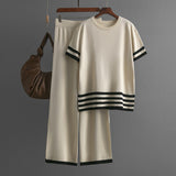 Contrast Color Striped Slit Short Sleeve Sweater High Waist Slimming Wide Leg Pants Trousers Casual Two Piece Set