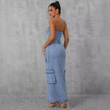 Women Clothing Casual Tube Top Tooling Large Pocket Denim Dress