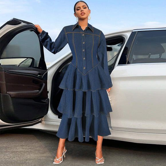 Women Clothing Denim Collared Long Sleeve Tiered Dress Maxi Dress