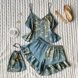 Spring Summer Imitated Silk Pajamas Two-Piece Printed Shorts Home Wear Suit Sexy Sling Dress
