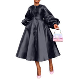Women Clothing Autumn Winter Solid Color Glossy Loose Button Lantern Sleeve Dress