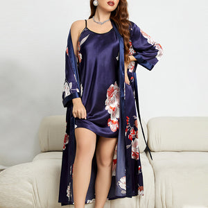 Plus Size Summer Imitated Silk Pajamas Sexy Lace Bathrobe Slip Nightdress Two Piece Women Ice Silk Nightgown