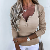 Autumn Winter Women Solid Color Long Sleeve Slim Fit Pullover Button T-shirt Top Plus Size
