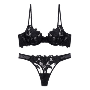 Sexy Underwear Women Three Dimensional Embroidered Mesh Stitching Ultra Thin with Steel Ring Push up Bra Set