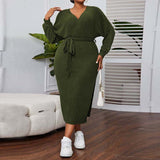 Plus Size Women Clothes V neck Lantern Sleeve Dress Autumn Winter Elegant A line Midi Dress