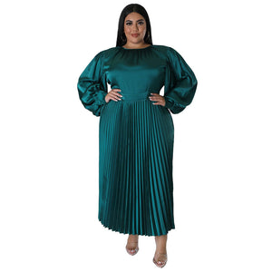 Plus Size Women Clothes Autumn Winter Popular Pleated Round Neck Maxi Dress Long Sleeve