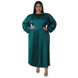 Plus Size Women Clothes Autumn Winter Popular Pleated Round Neck Maxi Dress Long Sleeve