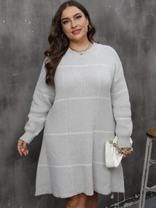 Plus Size Autumn Winter Woven Woolen Women Clothes Striped Color Contrast Patchwork round Neck Dress