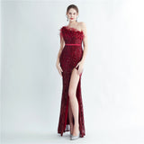 Heavy Industry Ostrich Hair Craft Beading Hair Oblique Shoulder Side Slit High End Evening Dress