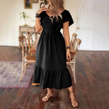Spring Black Elegant French Overknee Ruffled Short Sleeves Square Collar Slimming Backless Dress