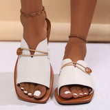 Square Toe V Cut Flat Slippers Women Outer Wear One Line Button Strap Beach Sandals