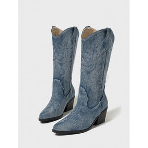 Retro Embroidered Western Knight Boots Cowboy Boot Thick Heel Pointed Slimming Women Boots