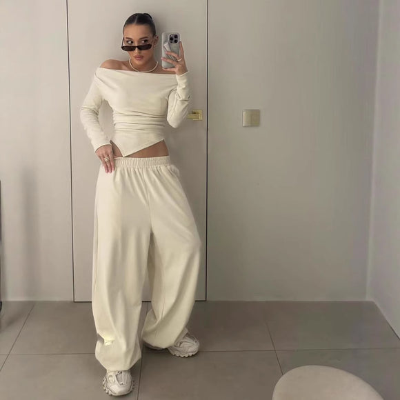 Fall off Neck Asymmetric Hem Long T shirt Straight Leg Trousers Casual Two Piece Sets
