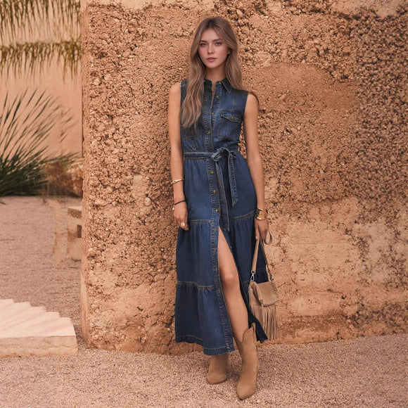 Blue Sleeveless with Waist Lace up Design Imitation Denim Material Single Row Multi Buckle Maxi Dress