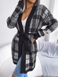 Autumn Winter Plaid Lace up Lantern Sleeve Casual Cardigan Sweater Coat Women Clothing