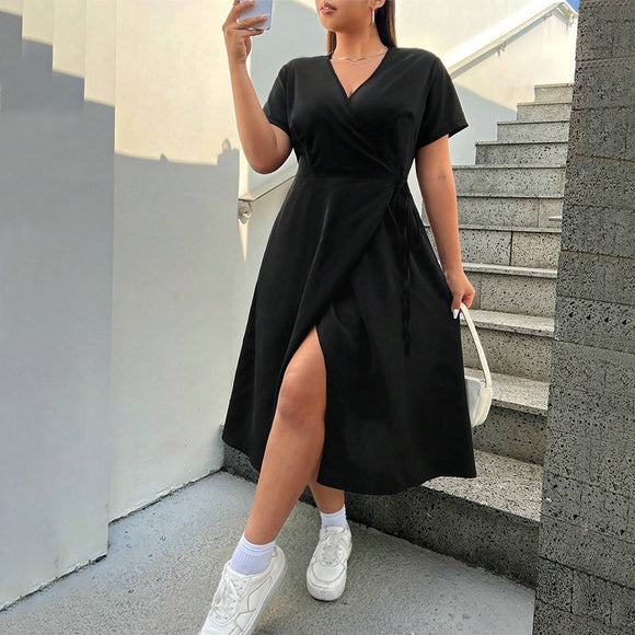 Plus Size Spring V Neck Slit Midi Dress Solid Color Slim Fit Office Short Sleeve Dress