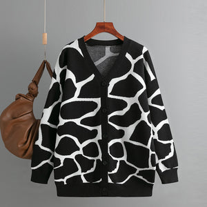Women Clothes Autumn Winter Jacquard Sweater V neck Long Line Pattern Baggy Coat