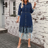 Plus Size Women Clothing Stitching Denim Collared Long Sleeve Tassel Mid Length Dress