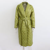 Warm Keeping Cotton Clothing Cotton Padded Coat for Winter Women Rhombus Cotton-Padded Jacket Waist Tight Long Cut Coat Plus Size Coat for Women