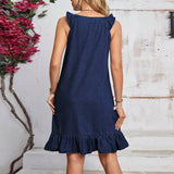 Women Clothing Denim Dress round Neck Sleeveless Pleated Edge Short Dress