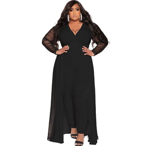 Popular Plus Size Woman Sexy V-neck Stitching Long Sleeve Solid Color Set