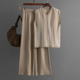 Women Clothing Striped V neck Sleeveless Knitted Vest Solid Color Wide Leg Pants Summer Casual Set